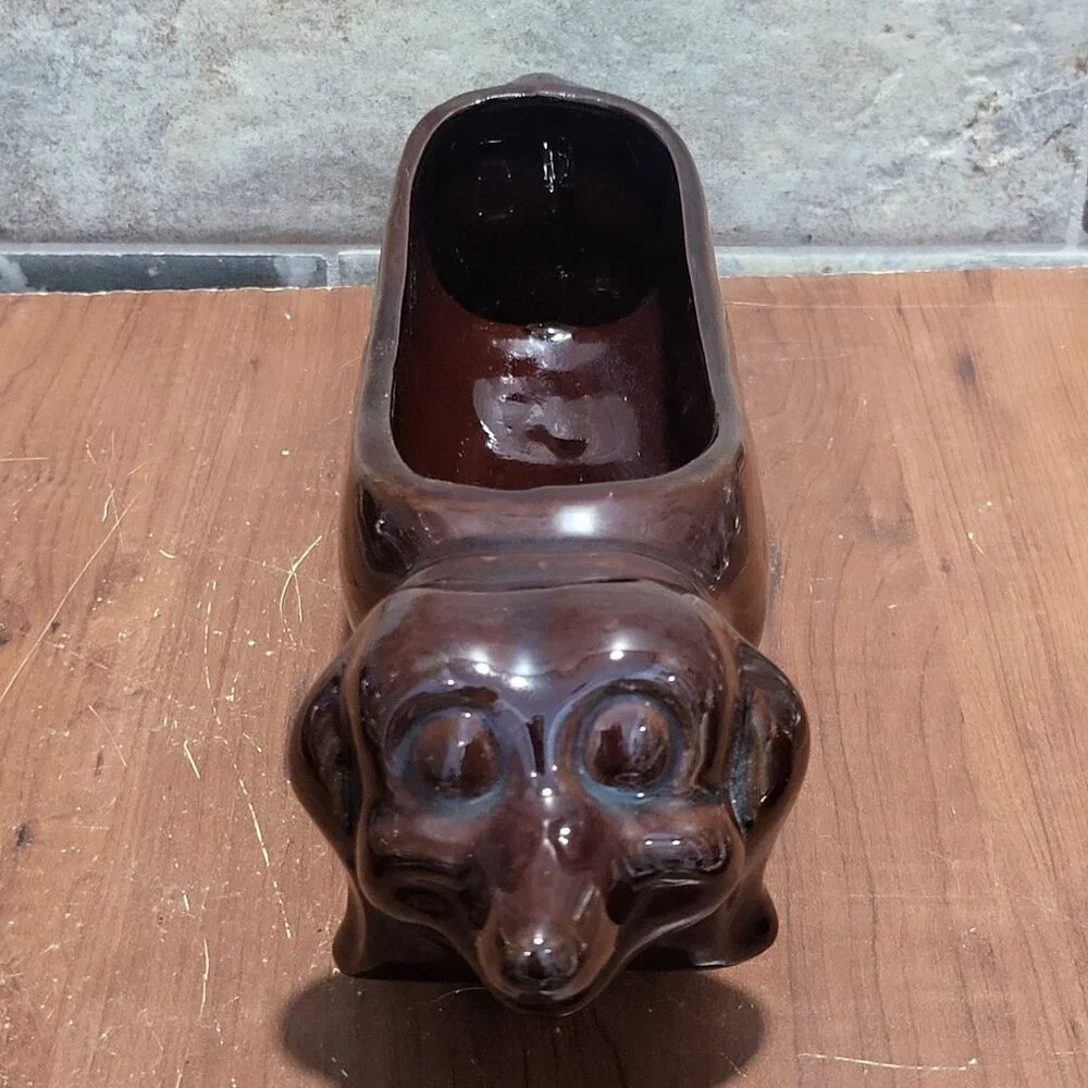 Vintage Dachshund Dog Ceramic Cracker Tray Planter Brown Glazed